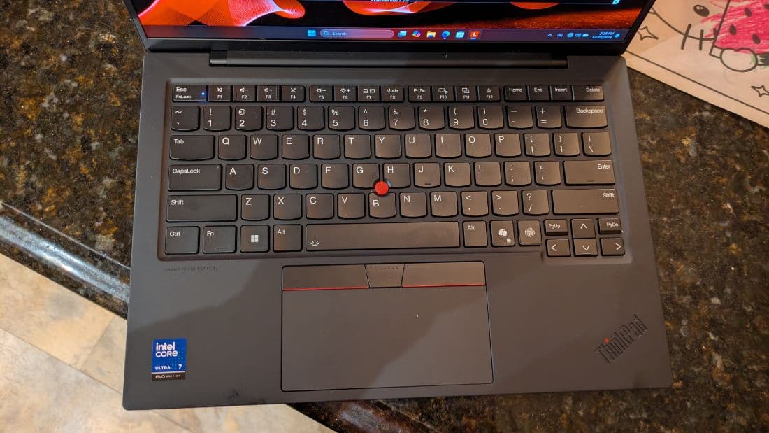 Top-down view of the ThinkPad X1 Carbon keyboard, TrackPoint and touchpad