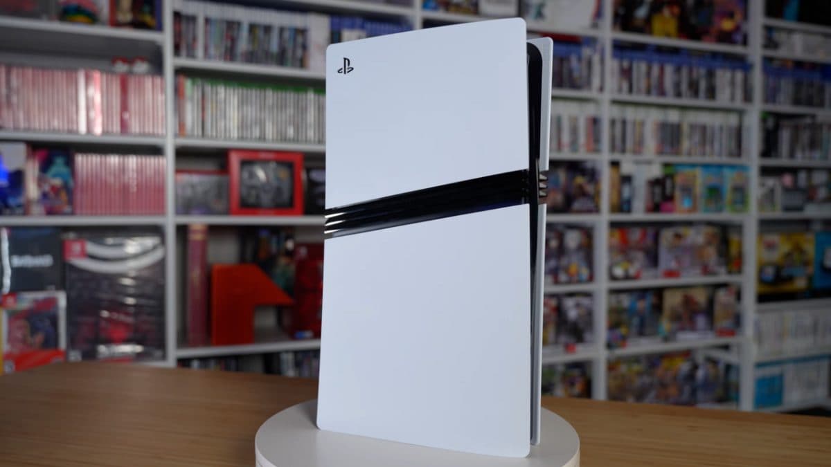 PlayStation 5 Pro on the vertical stand, seen from the front